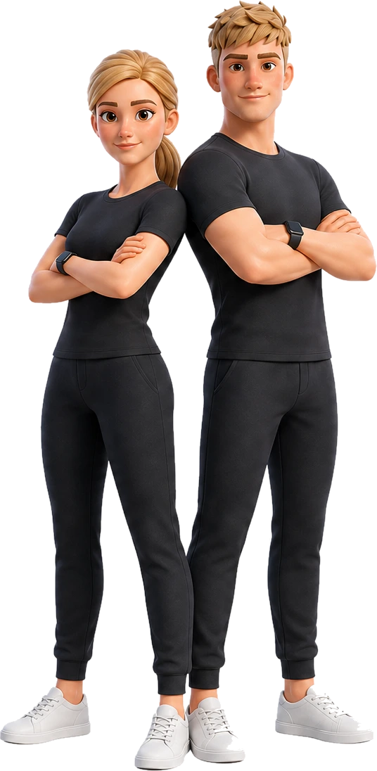 Two Spotter characters, a woman and a man in matching black training kit, standing back to back with their arms folded